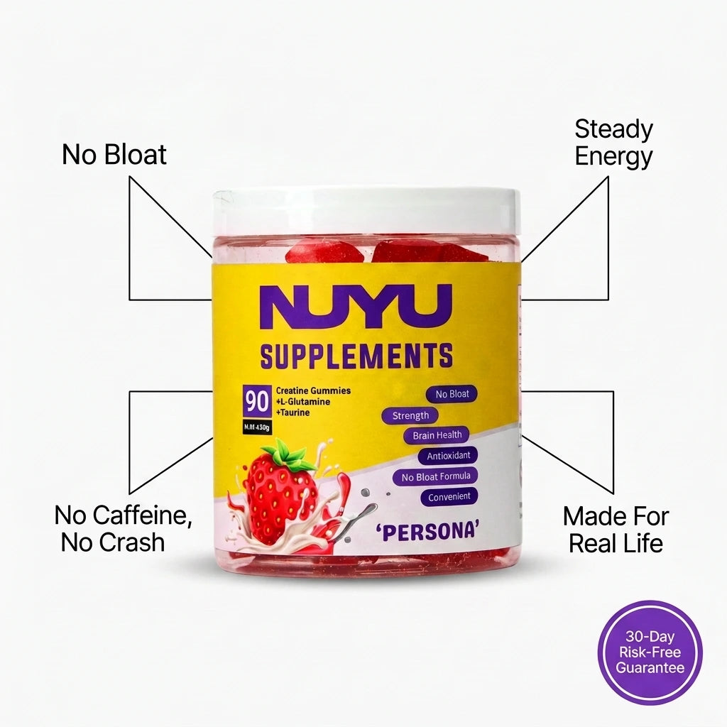NUYU Persona 3-in-1 creatine gummy jar with benefits